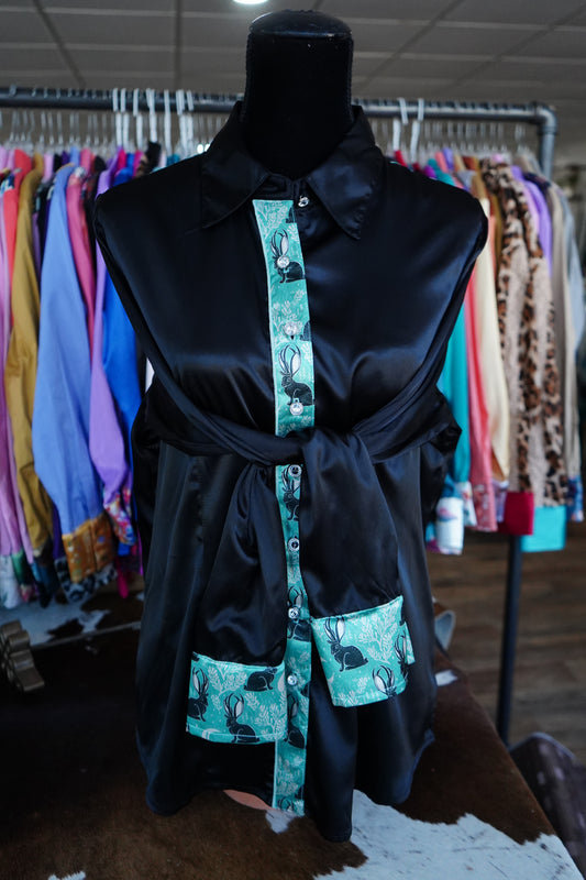 2XL - Mystic Jackelopes on Black Satin Button Down