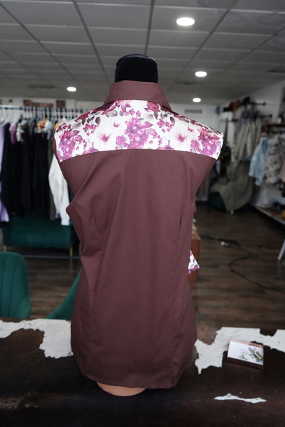 XL - Burgundy & Cream Floral on Brown Cotton Button Down
