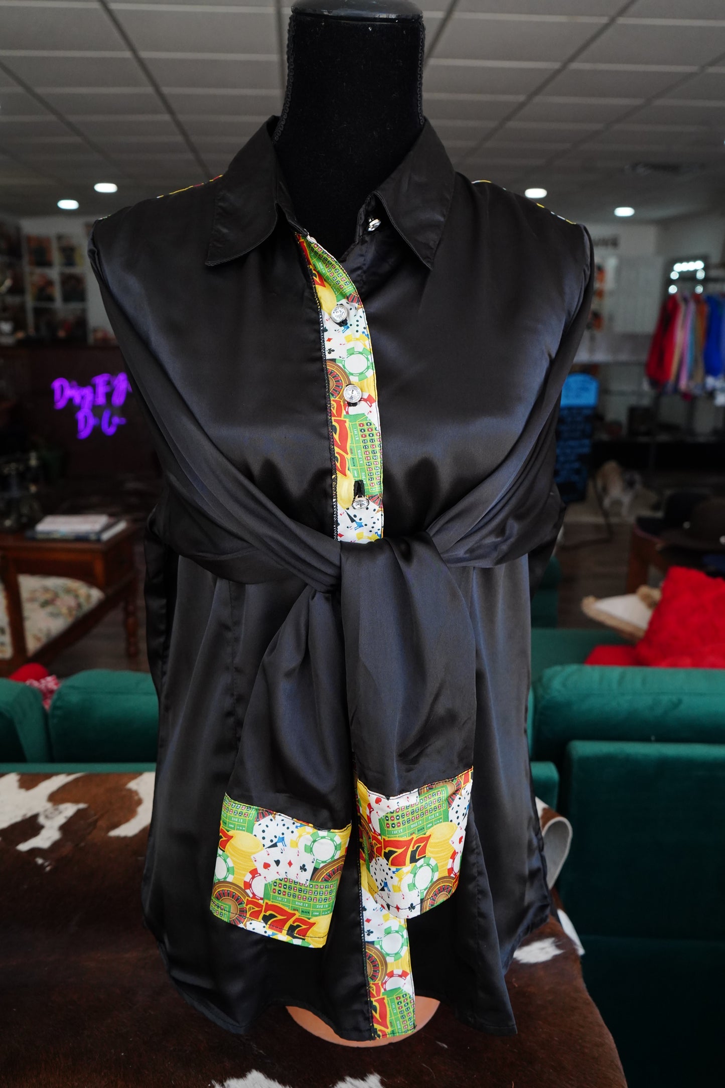 2XL - Triple 7 on Black Satin Button Down