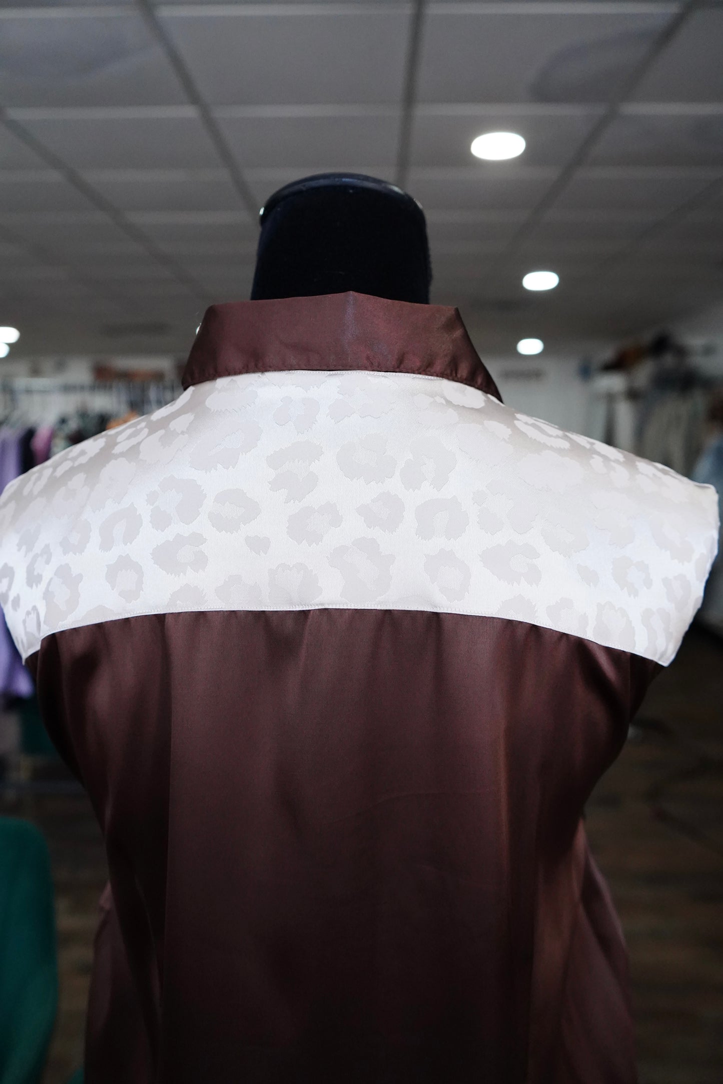 3XL - Cream Jacquard Cheetah on Brown Satin Button Down