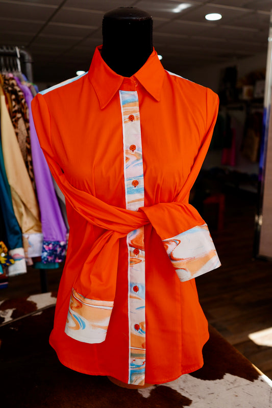 L - Orange & Blue Oil-spill on Orange Cotton Button Down