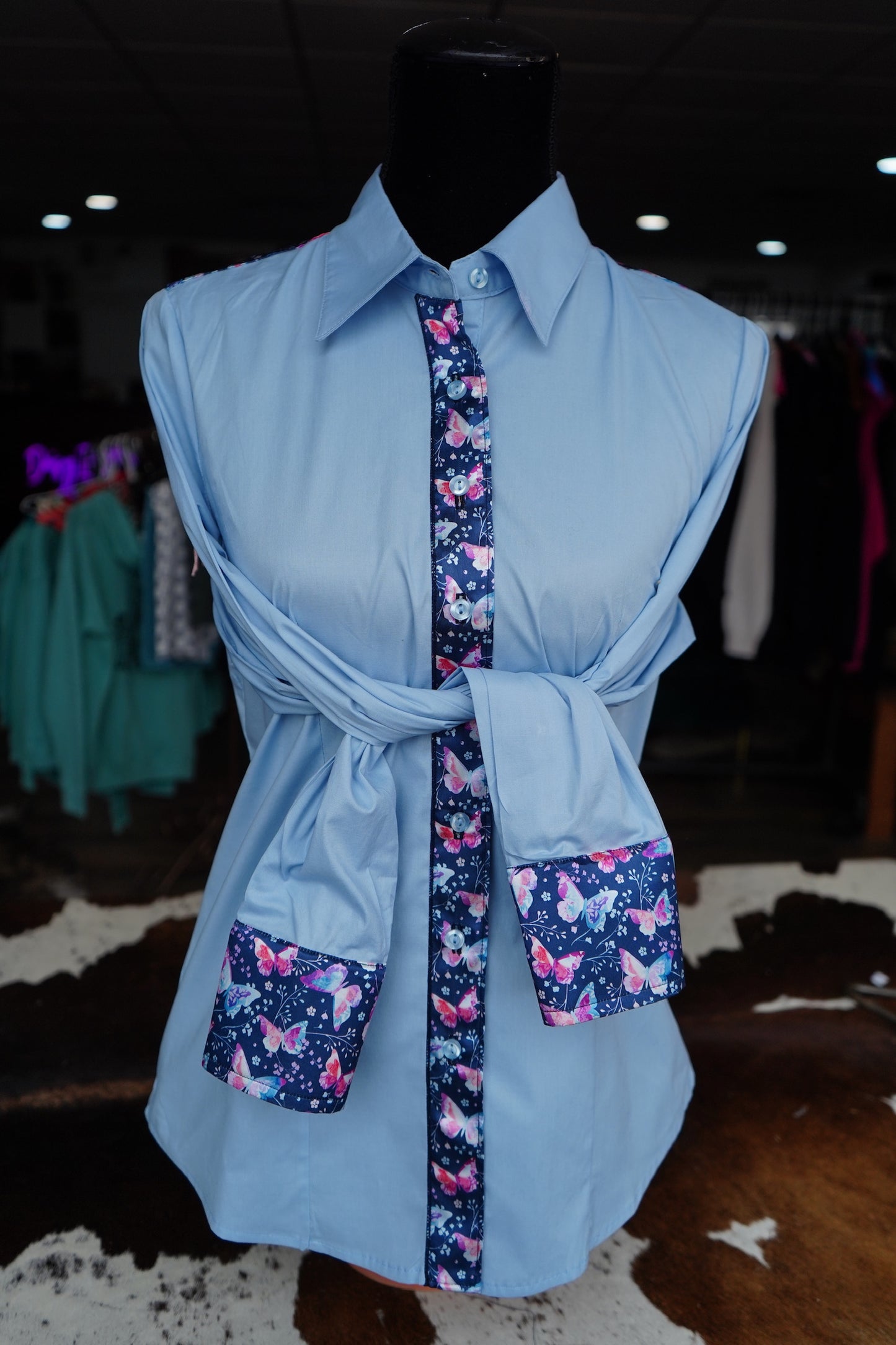 L - Pink Watercolor Butterflies w/ Pink Fringe  on Baby Blue Cotton Button Down