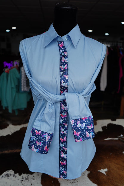 L - Pink Watercolor Butterflies w/ Pink Fringe  on Baby Blue Cotton Button Down