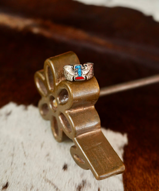Vintage Red Coral & Turquoise Inlay Eagle Ring - Sz 9