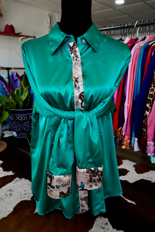 2XL - Tan & Emerald Cowboys on Emerald Satin Button Down