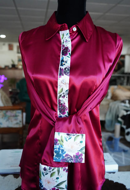 S - Plum Floral on Burgundy Satin Button Down