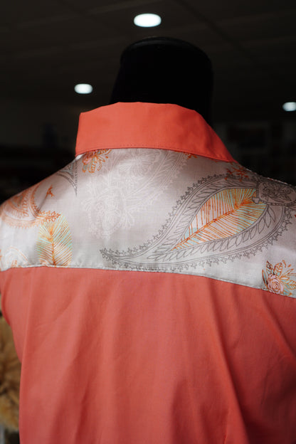 XL - Silver Boho Paisley on Coral Cotton Button Down