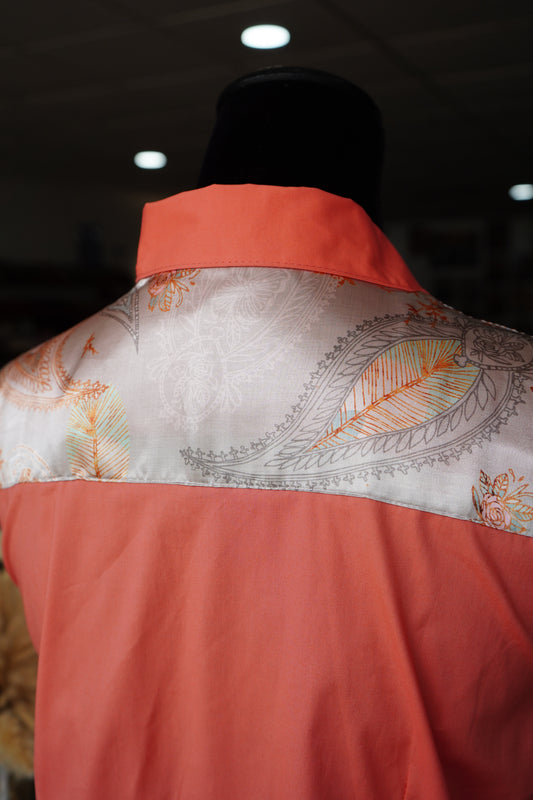 XL - Silver Boho Paisley on Coral Cotton Button Down