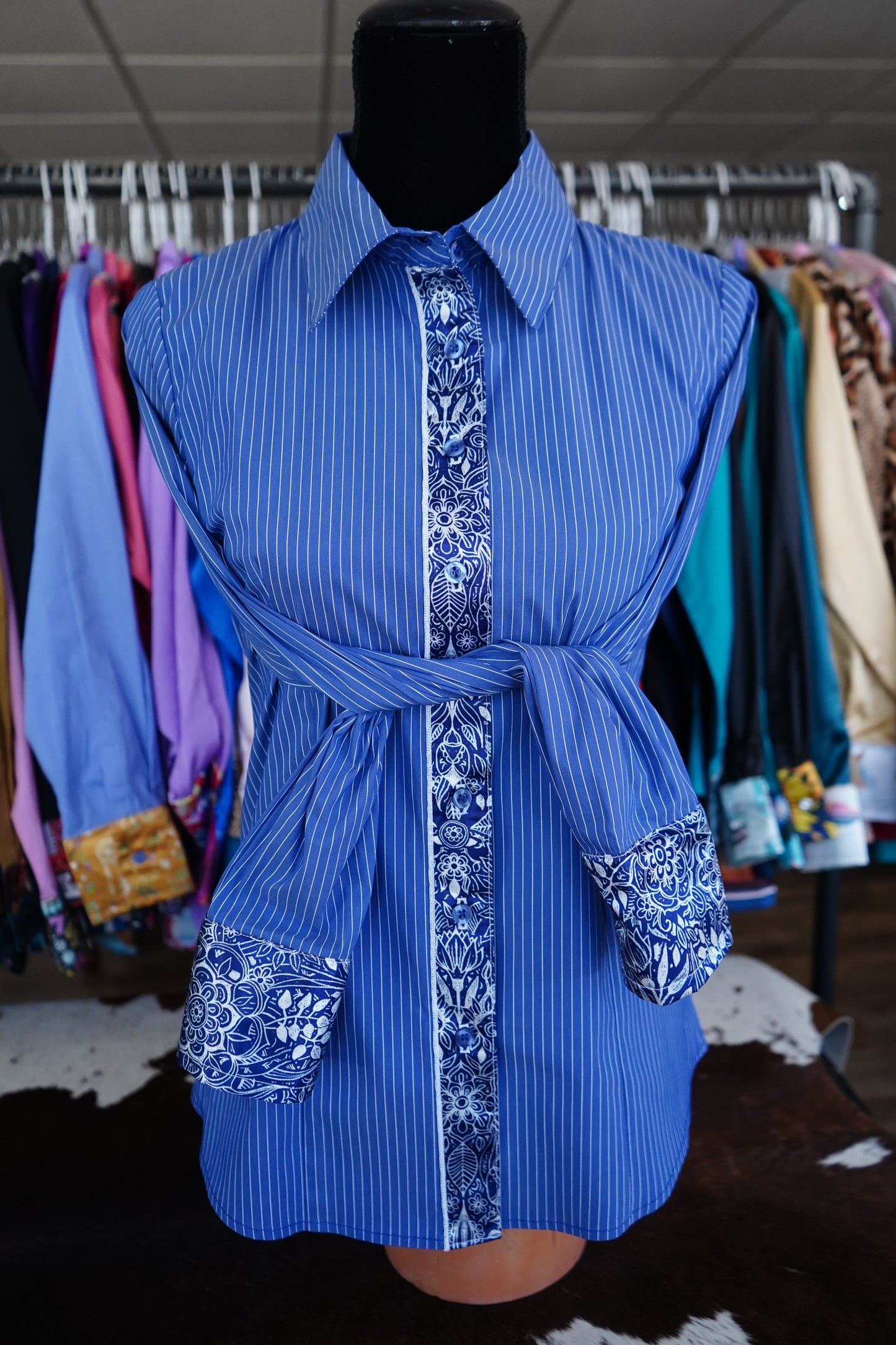 M - Indigo Bohemian on Denim Stripe Cotton Button Down