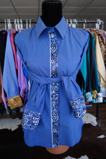 M - Indigo Bohemian on Denim Stripe Cotton Button Down