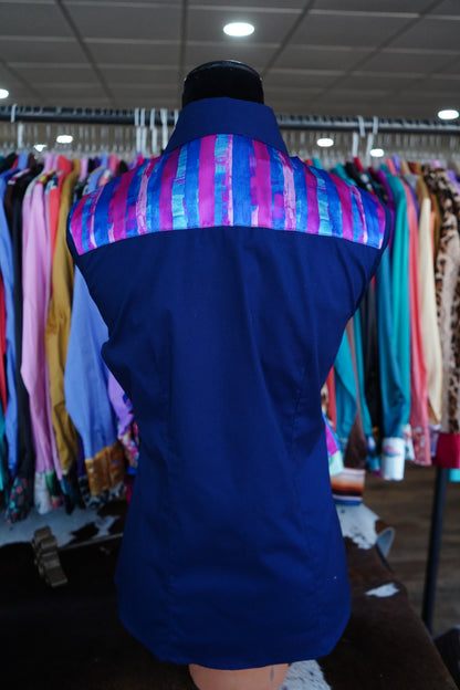 M - Pink & Blue Brushstrokes on Navy Cotton Button Down