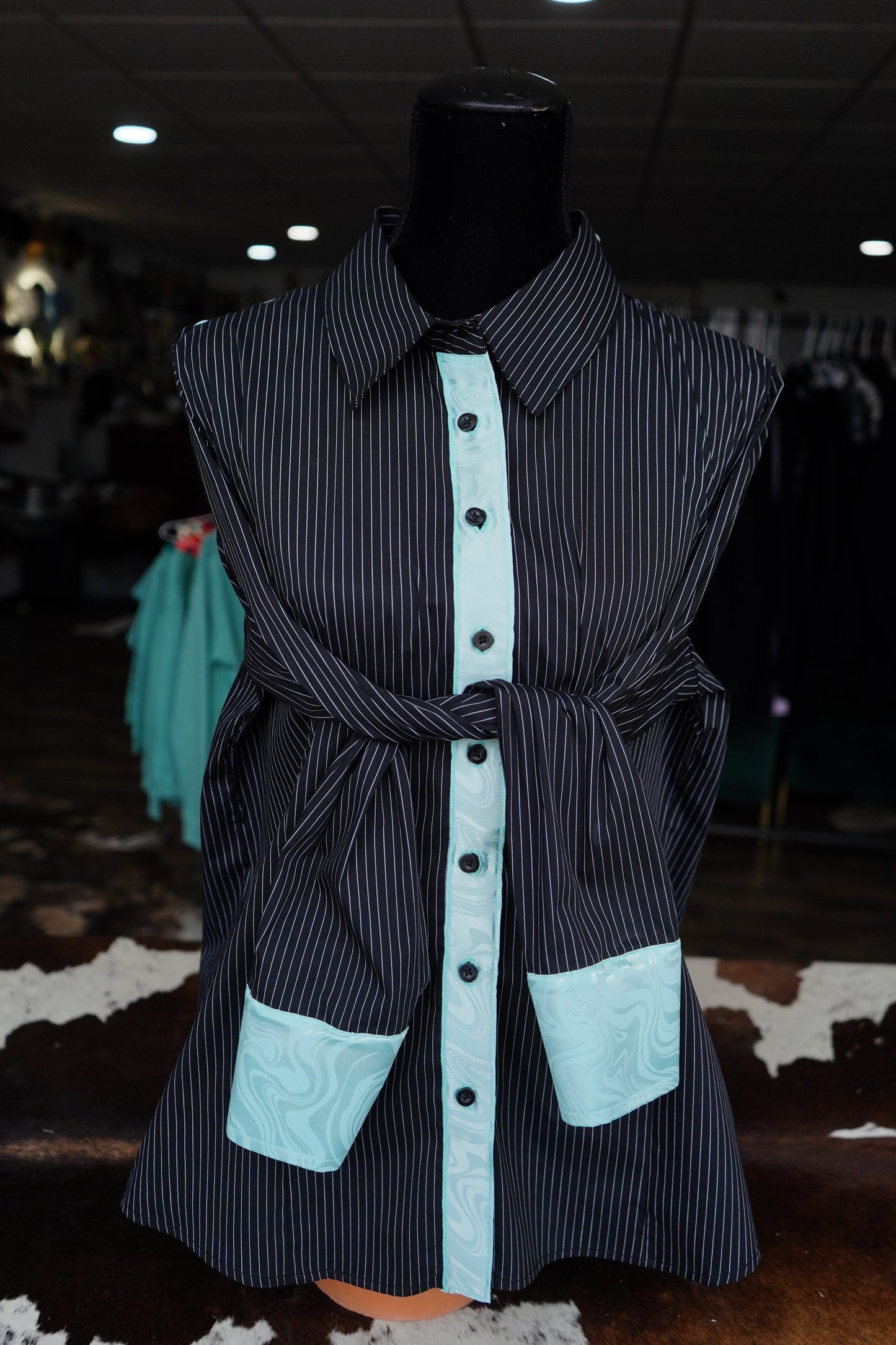 2XL - Teal Groovy Jacquard on B/W Striped Cotton Button Down