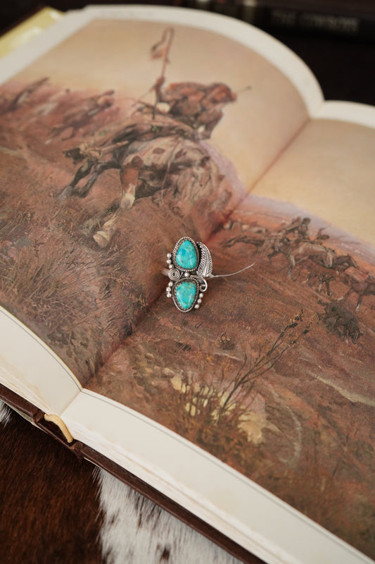 Turquoise 2 Stone w/ Silver Leaf Ring - Sz 6