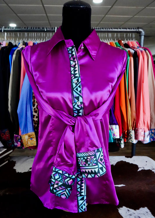 L - Watercolor Aztec on Magenta Satin Button Down