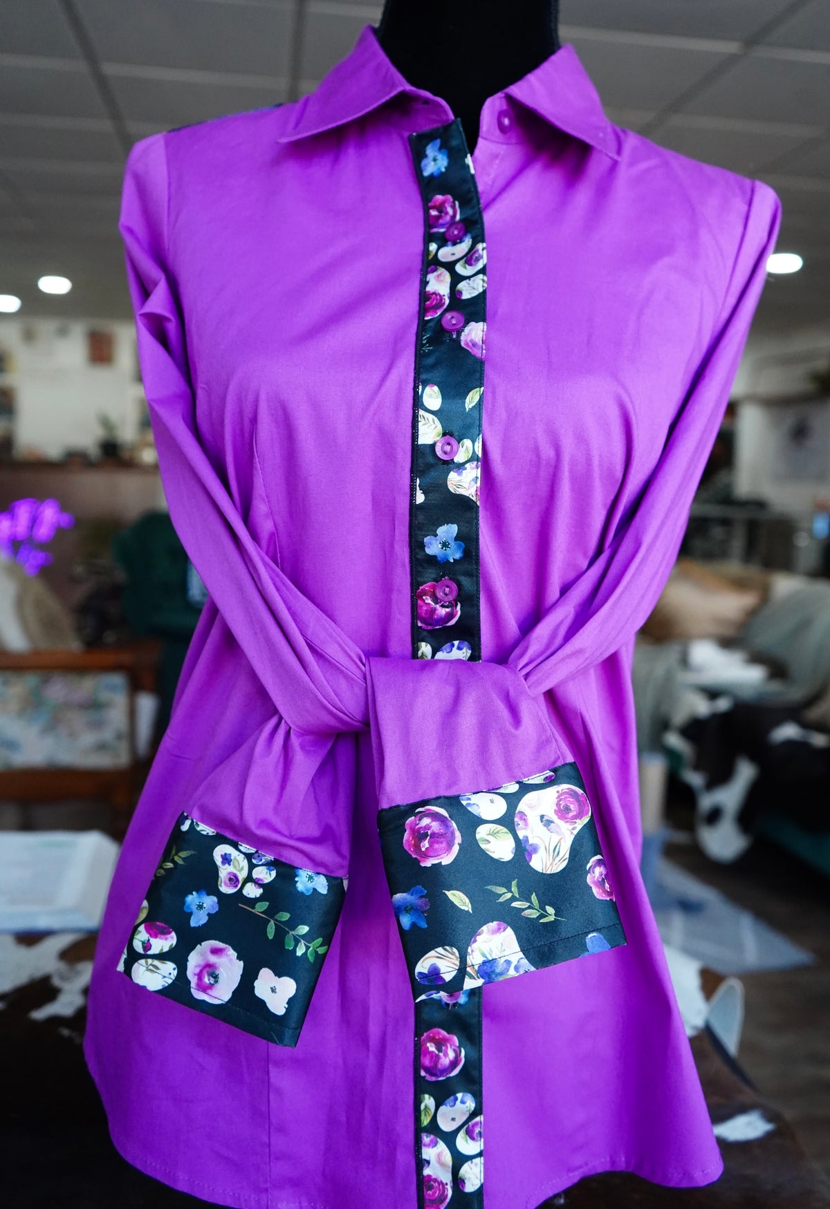 XL - Floral Paw Prints on Magenta Cotton Button Down