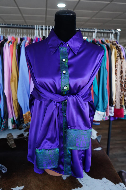 3XL - Peacock Feathers on Purple Satin Button Down