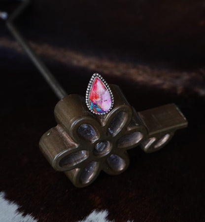 Pink Dahlia Teardrop w/ Beaded Border Ring - Sz 6