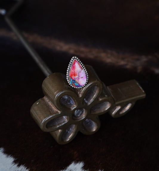 Pink Dahlia Teardrop w/ Beaded Border Ring - Sz 6