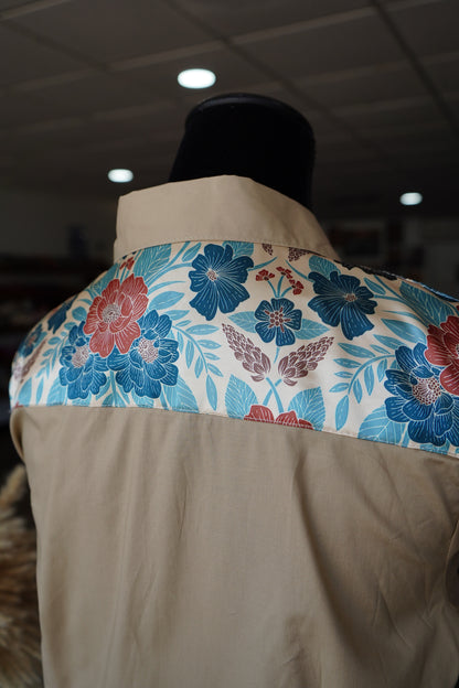XL - Rust & Turquoise Floral on Tan Cotton Button Dowm