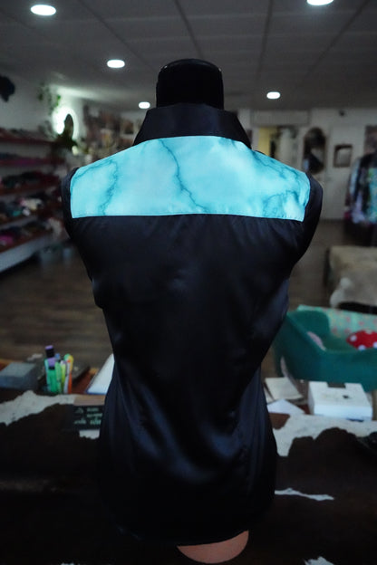 S - Turquoise Stone on Black Satin Button Down