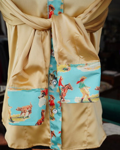 M - Blue Vintage Cowboys on Gold Satin Button Down