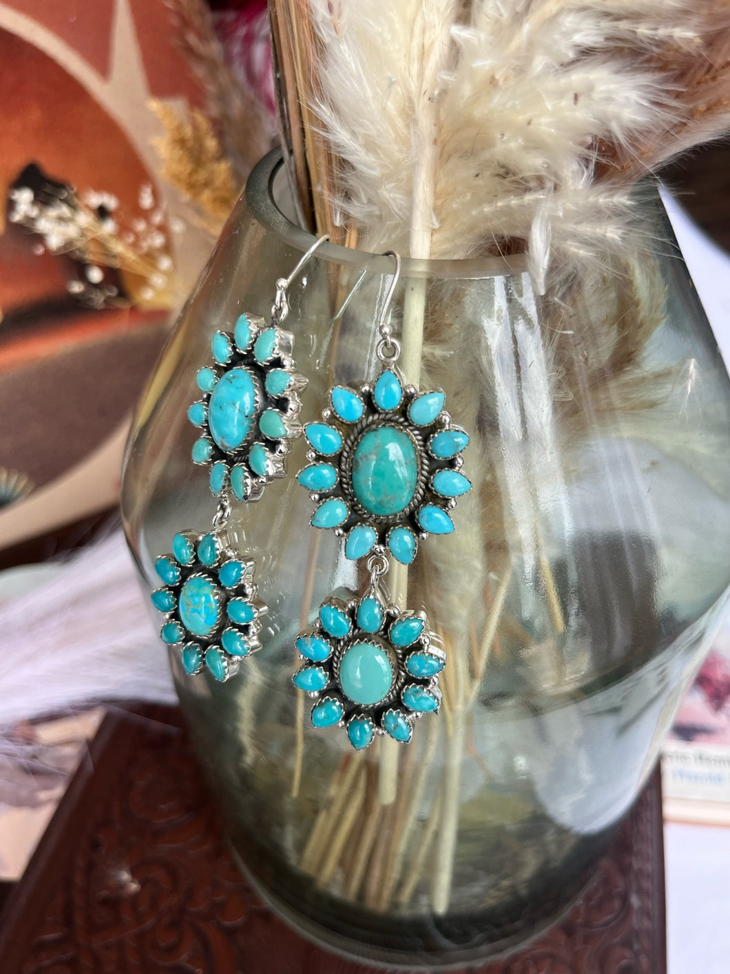 Double Turquoise Cluster Statement Earrings