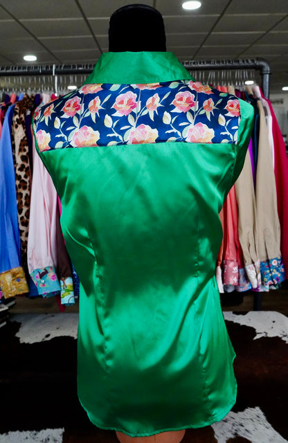M - Stained Glass Roses on Kelly Green Satin Button Down