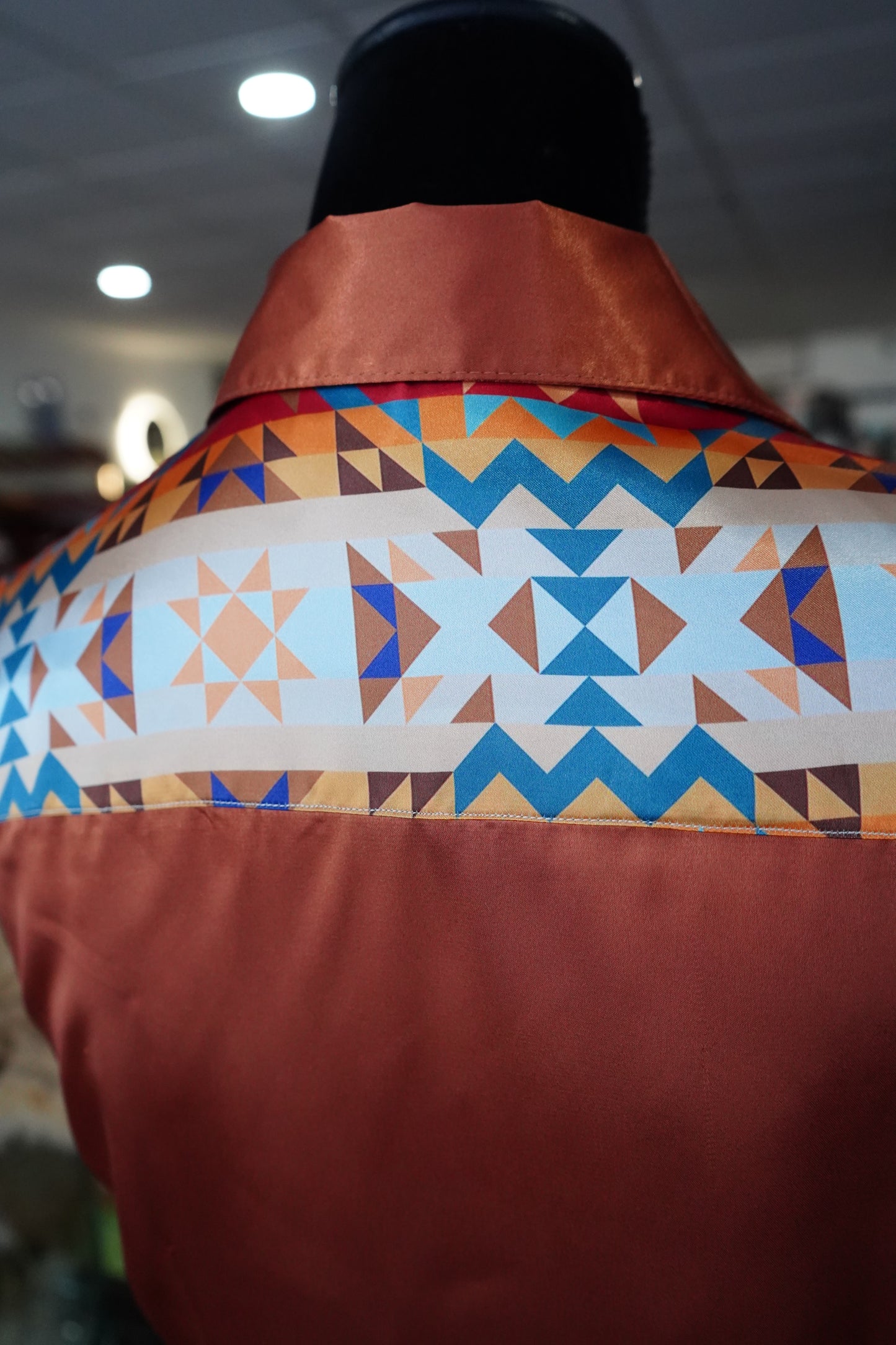 S - Sunrise Aztec on Rust Satin Button Down