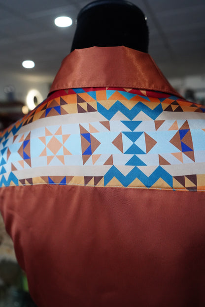 S - Sunrise Aztec on Rust Satin Button Down