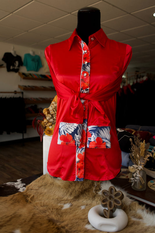 XL - Patriotic Hibiscus on Red Satin Button Down