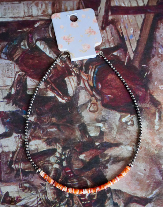 Sterling Silver Pearls w/ Orange Spiny Necklace