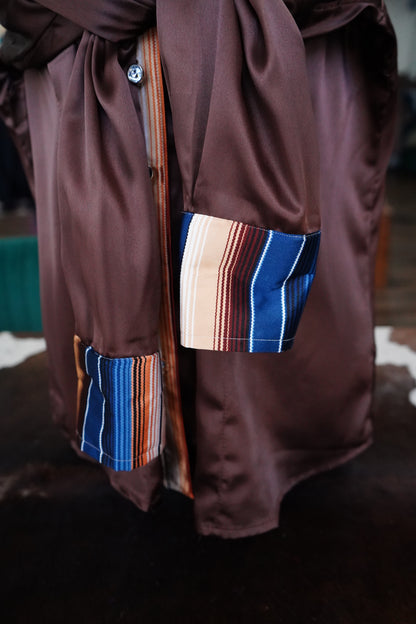3XL - Brown & Navy Serape on Brown Satin Button Down
