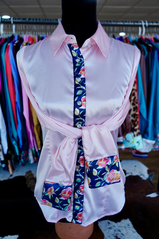 M - Glass Stained Roses on Light Pink Satin Button Down