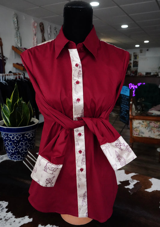 XL - Cowboy Sketches on Maroon Cotton Button Down