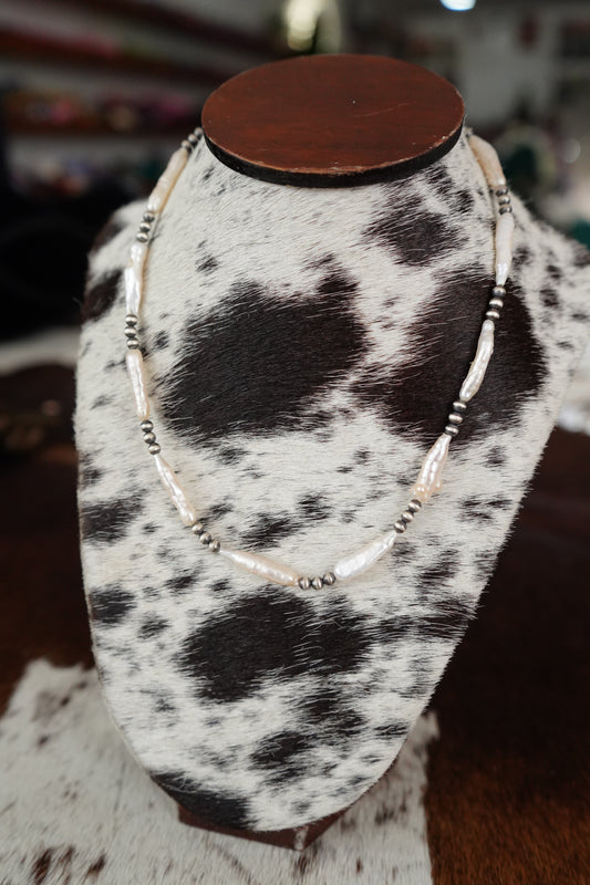 Torpedo Freshwater Pearls & Silver Pearls Necklace - 18”