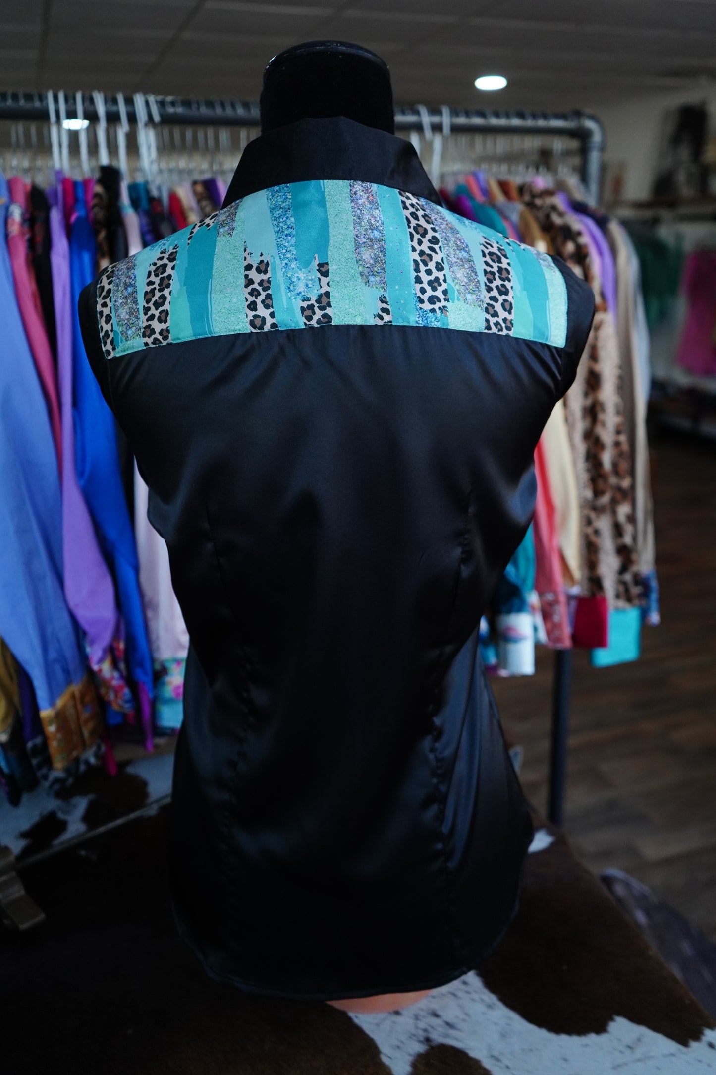 S - Cheetah Turquoise Brushstrokes on Black Satin Button Down