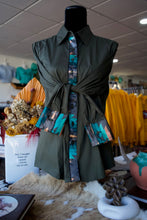 Load image into Gallery viewer, XL - Charcoal Gray with Turquoise, Black, &amp; Cream Large Aztec on Olive Cotton Button Down