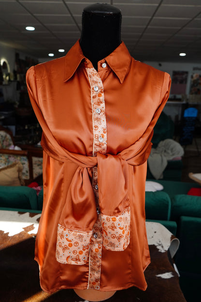 L - Dainty Hippie Butterflies on Rust Satin Button Down