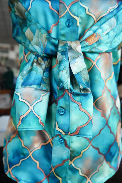 Daisy Original Teal Tiles w/ Teal Floral Button Down - Size 6