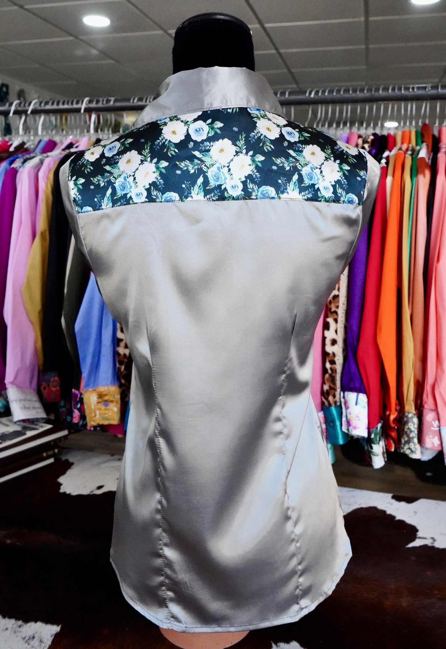 S - Black w/ Blue & White Roses on Silver Satin Button Down