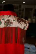 Load image into Gallery viewer, 2XL - Tan Western Scene w/ Brown Fringe on Red Button Down