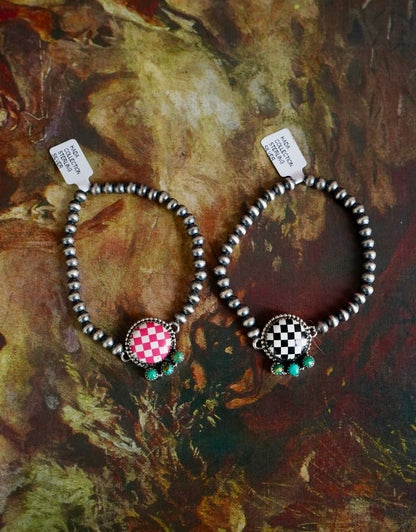 4mm Sterling Silver Pearl w/ Kingman Turquoise & Checkered Stretchy Bracelets
