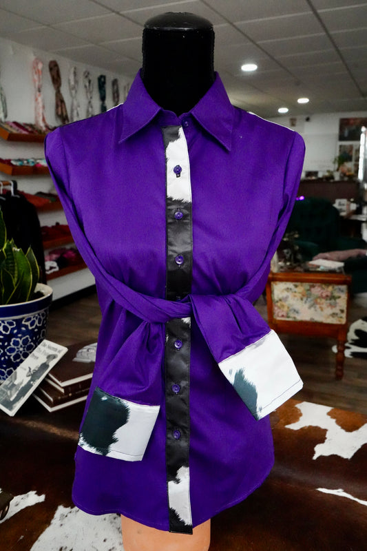 M - B/W Cowhide on Purple Cotton Button Down