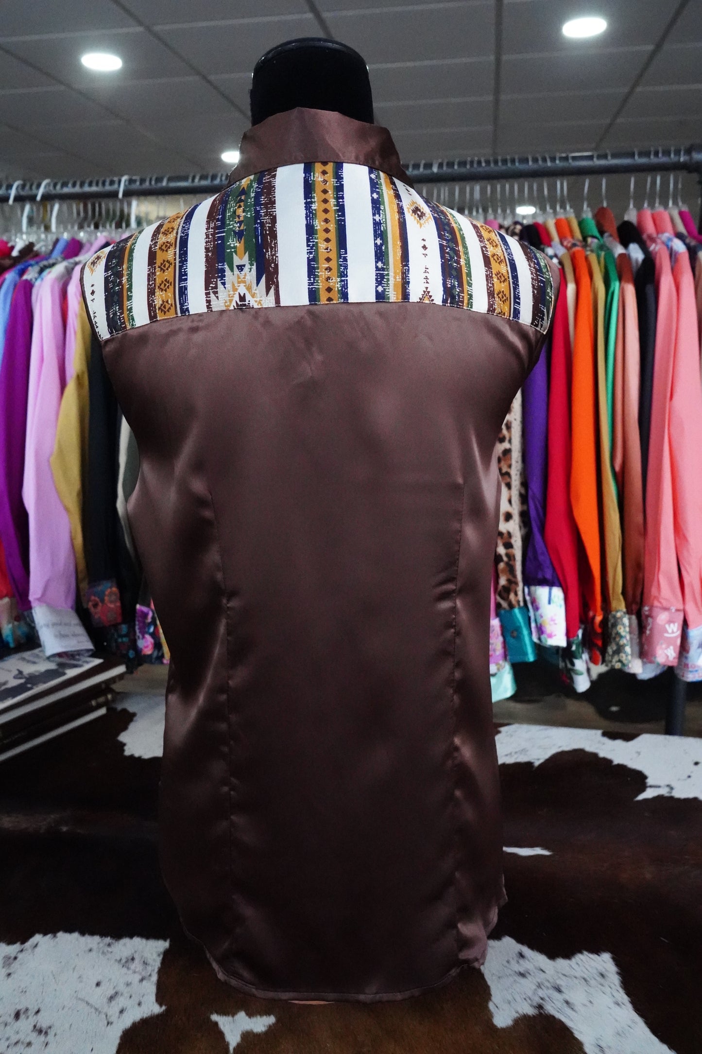 L - Withered Native Stripe on Brown Satin Button Down