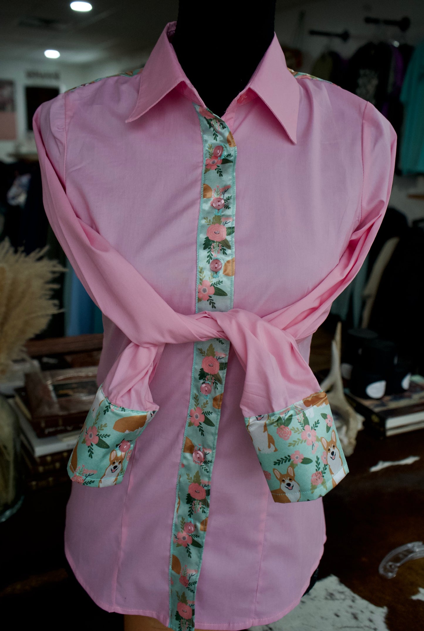 S - Tan Corgis on Light Pink Cotton Button Down