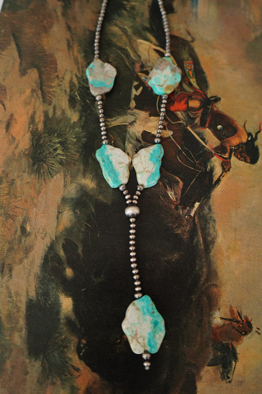 Sterling Silver Pearls & Turquoise Slab Lariat Necklaces