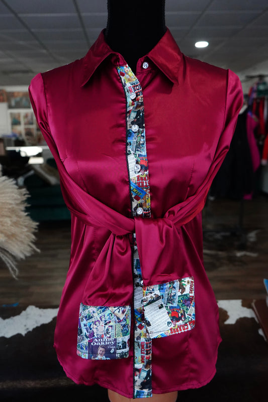S - Western Comic on Burgundy Satin Button Down