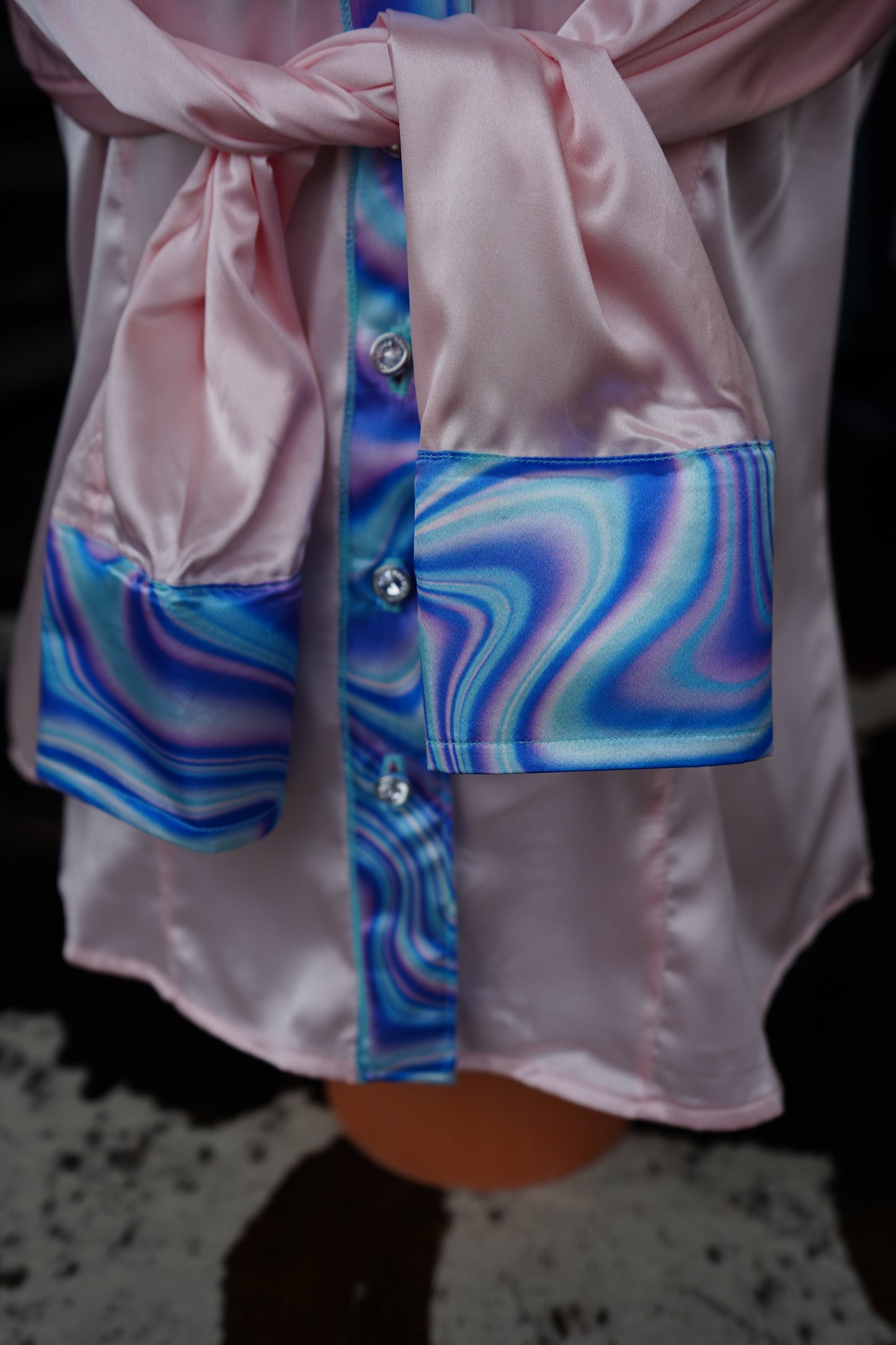 L - Light Pink n Turquoise Oil Spill on Light Pink Satin Button Down w/ Fringe