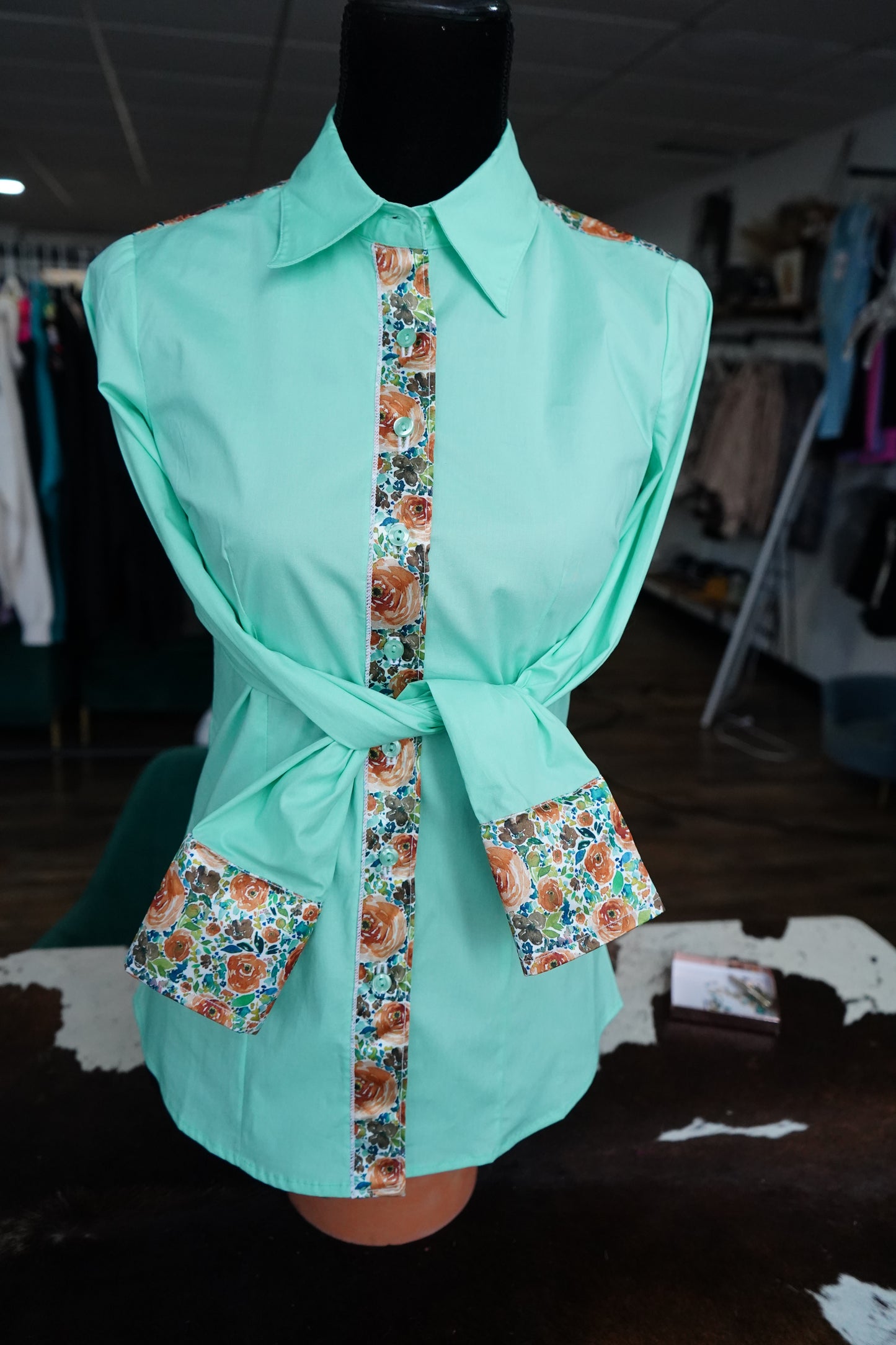 S - Rust Flowers on Mint Cotton Button Down