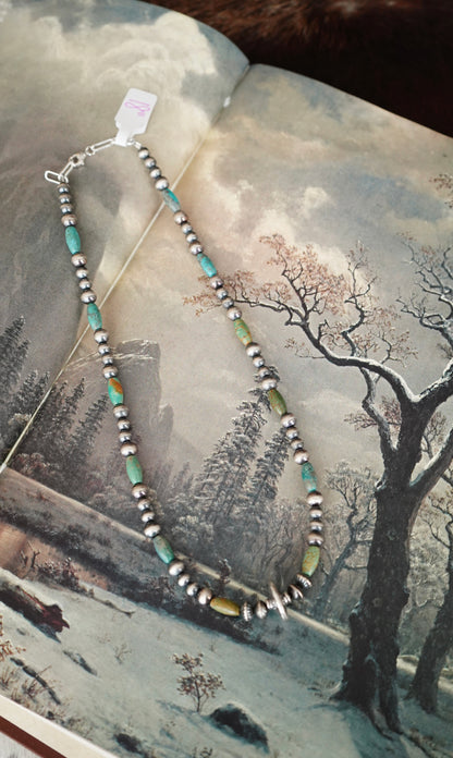 Sterling Silver Pearls w/ Disc & Turquoise Necklace - 18”